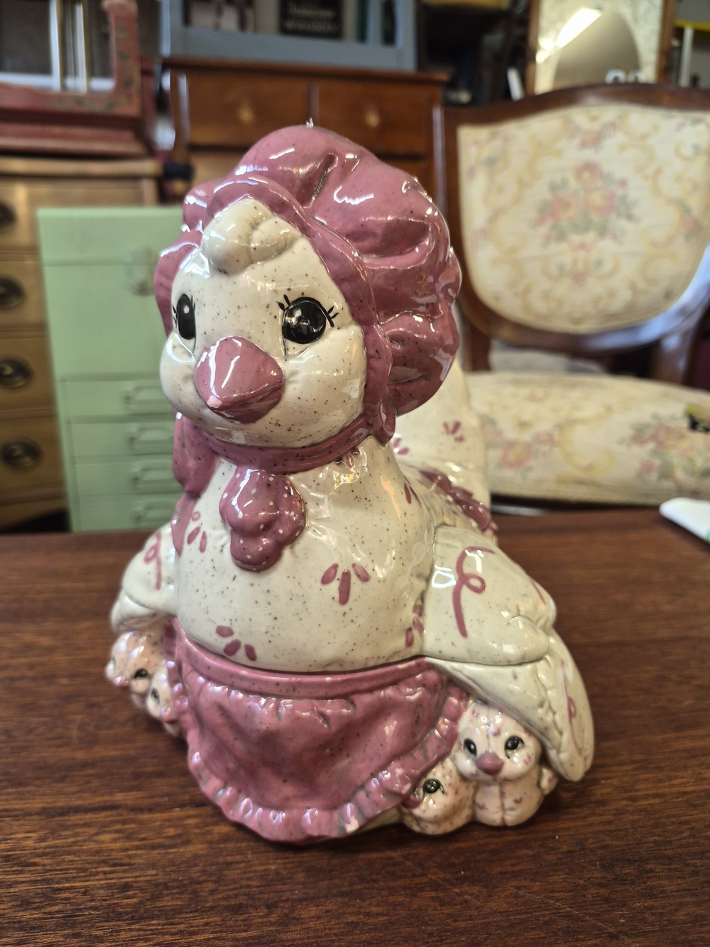 Pink Ceramic Hen Figurine Cookie Jar - Decorative Home Art